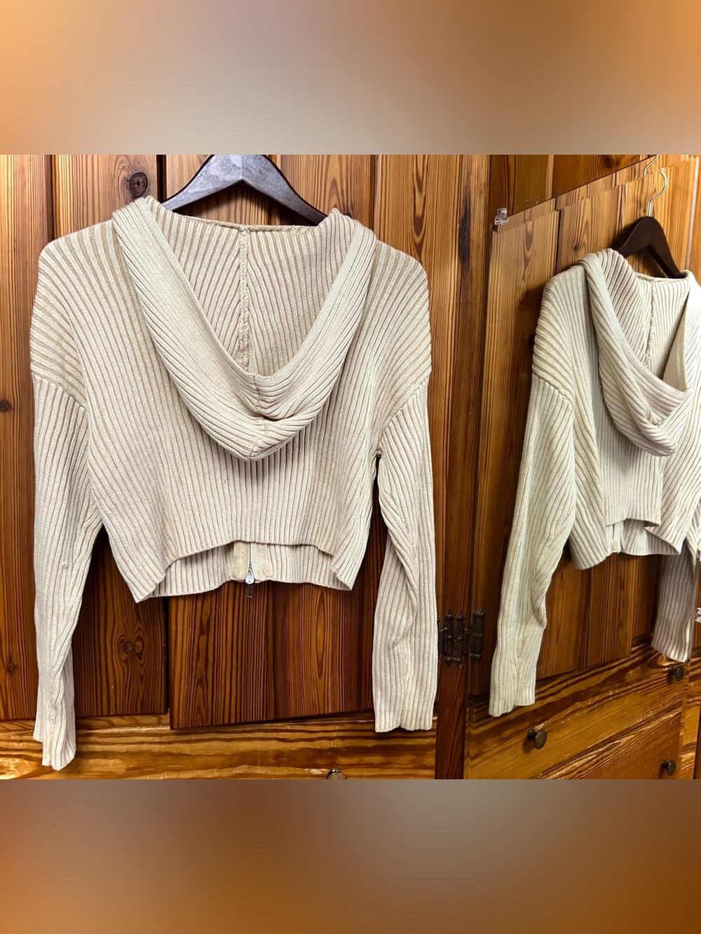 Pink Rose Ribbed Cropped Hoodie Sweater - Cream